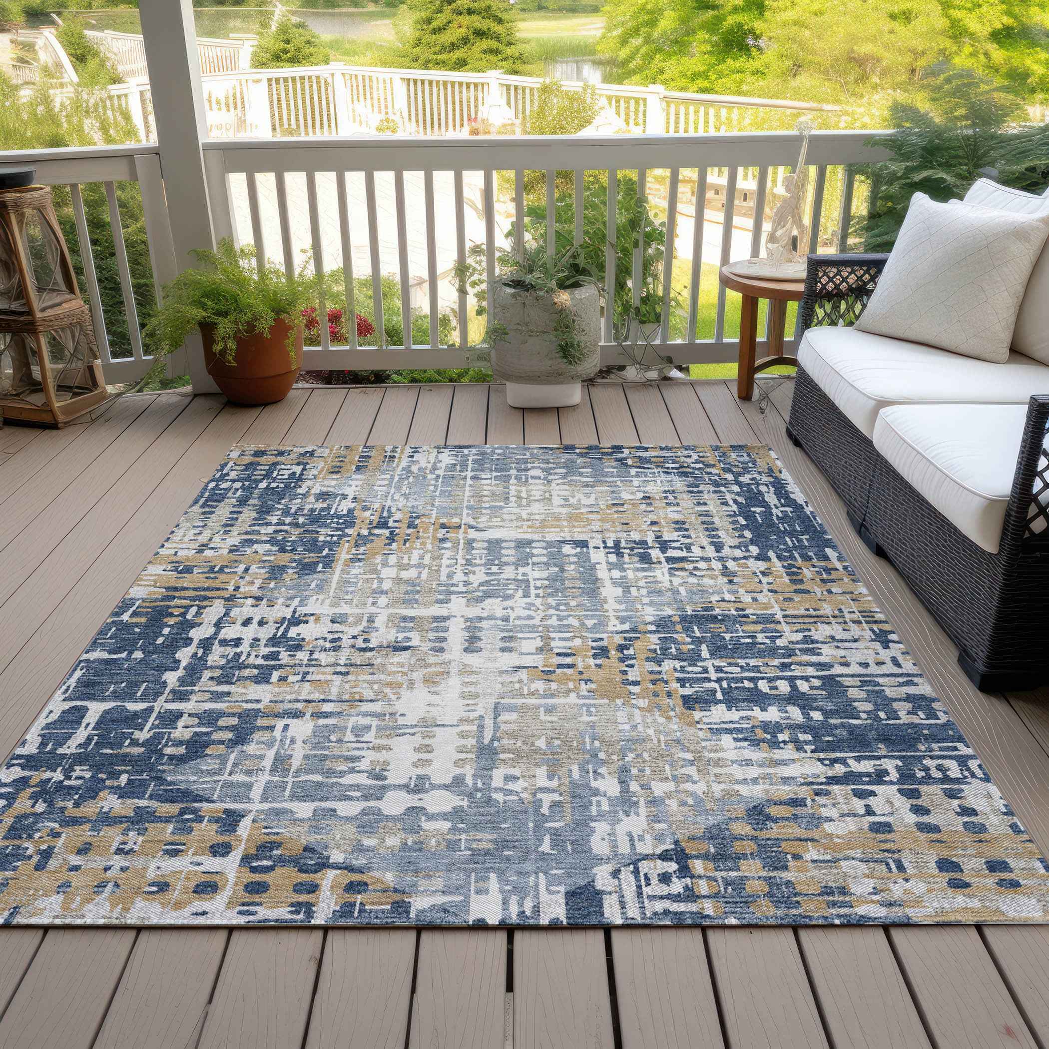 8' X 10' Navy Blue And Beige Geometric Washable Indoor Outdoor Area Rug