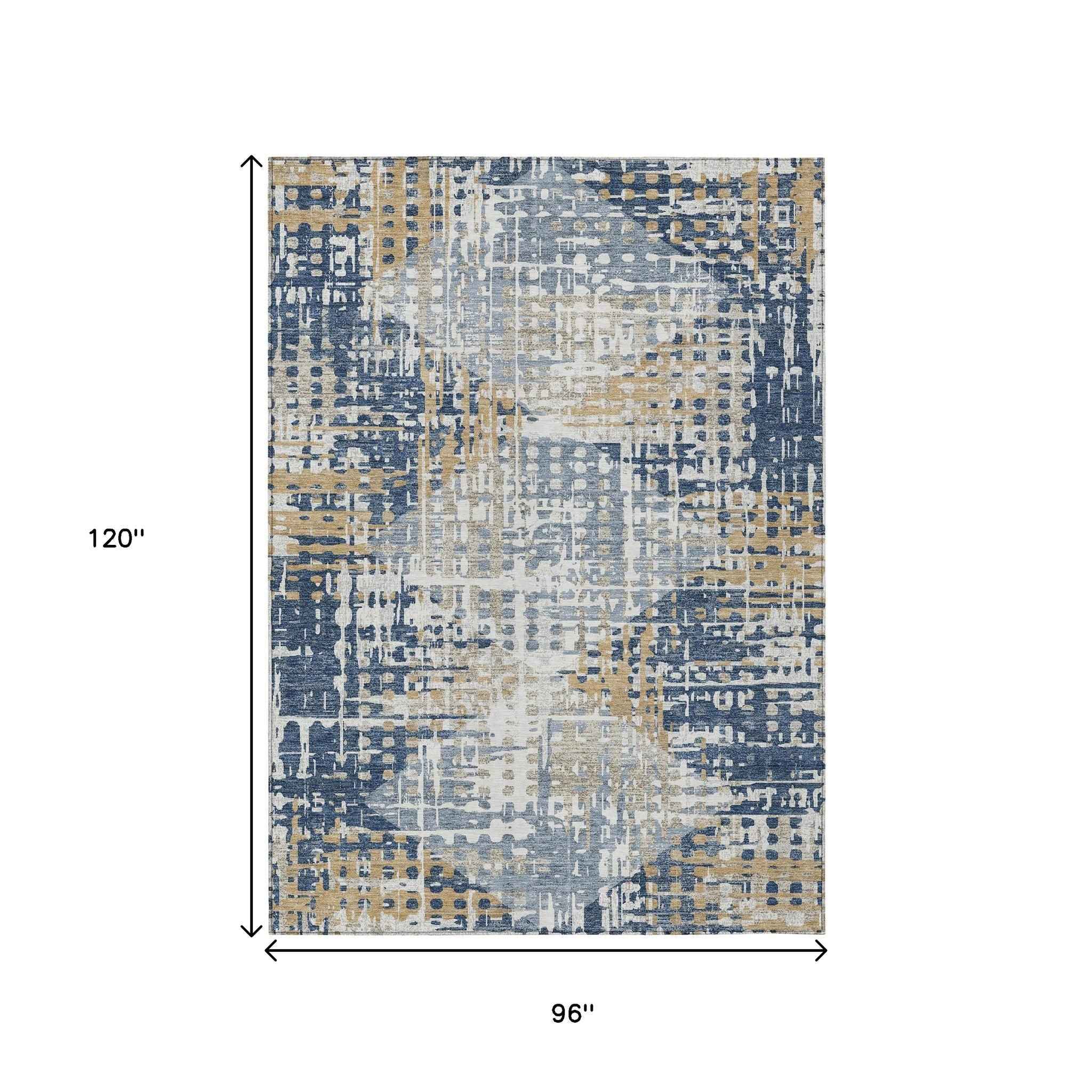 8' X 10' Navy Blue And Beige Geometric Washable Indoor Outdoor Area Rug