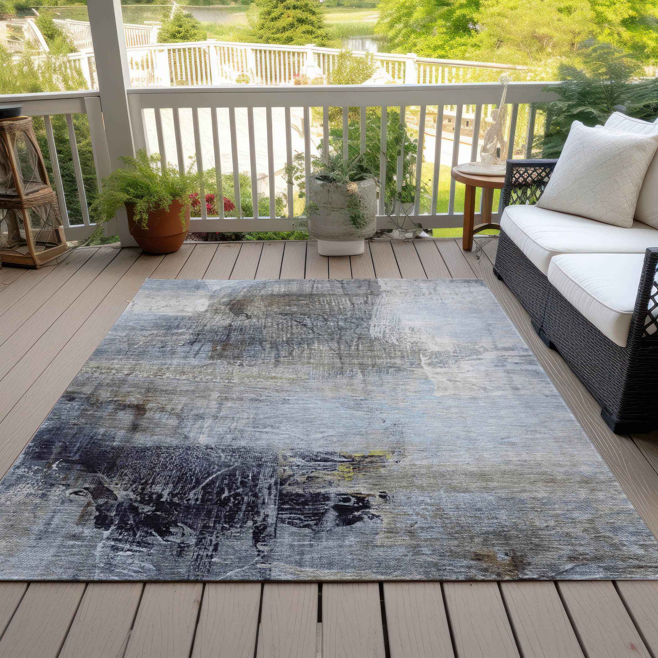 8' X 10' Sky Blue And Gray Abstract Washable Indoor Outdoor Area Rug