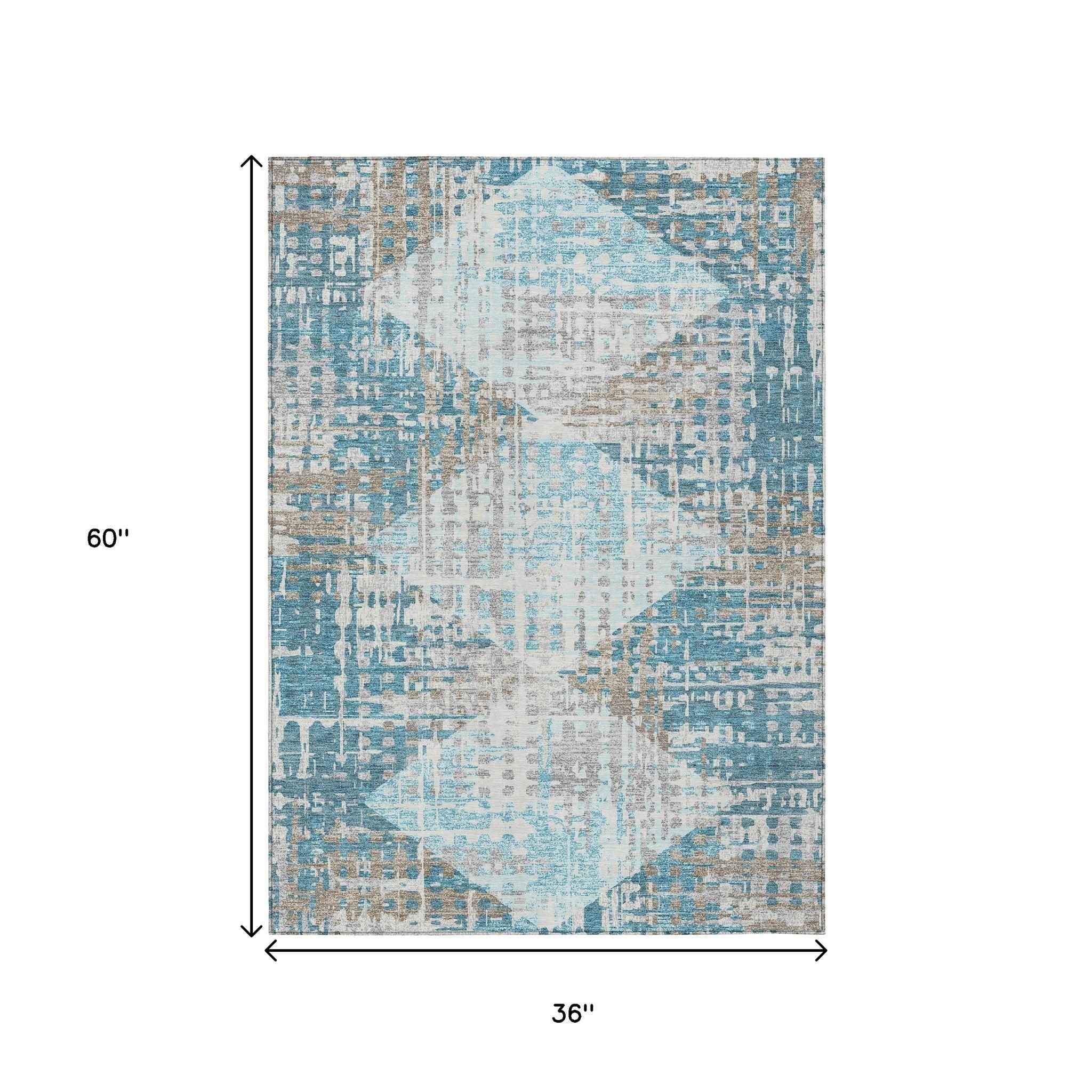 3' X 5' Teal Blue And Beige Geometric Washable Indoor Outdoor Area Rug