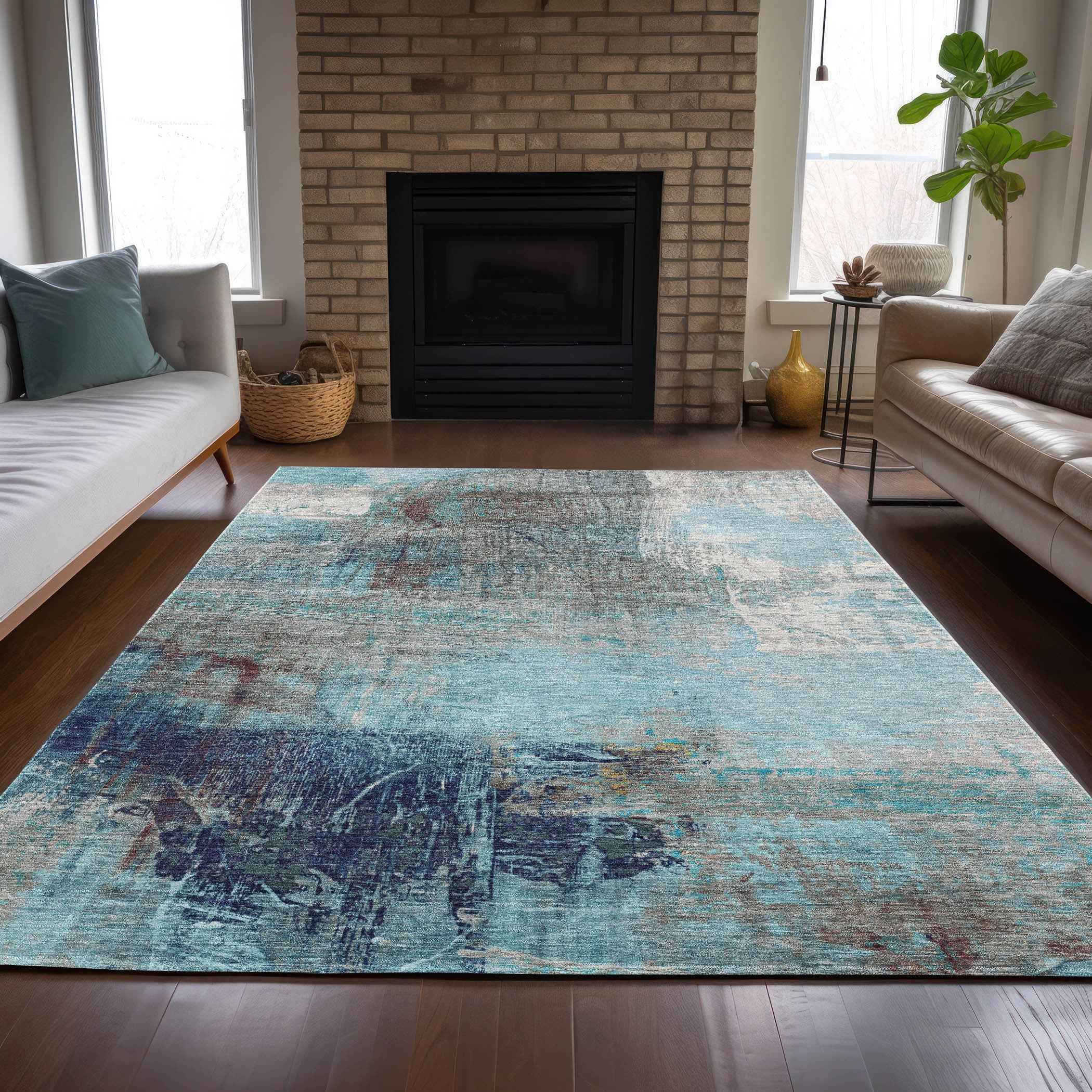 3' X 5' Teal Blue And Gray Abstract Washable Indoor Outdoor Area Rug