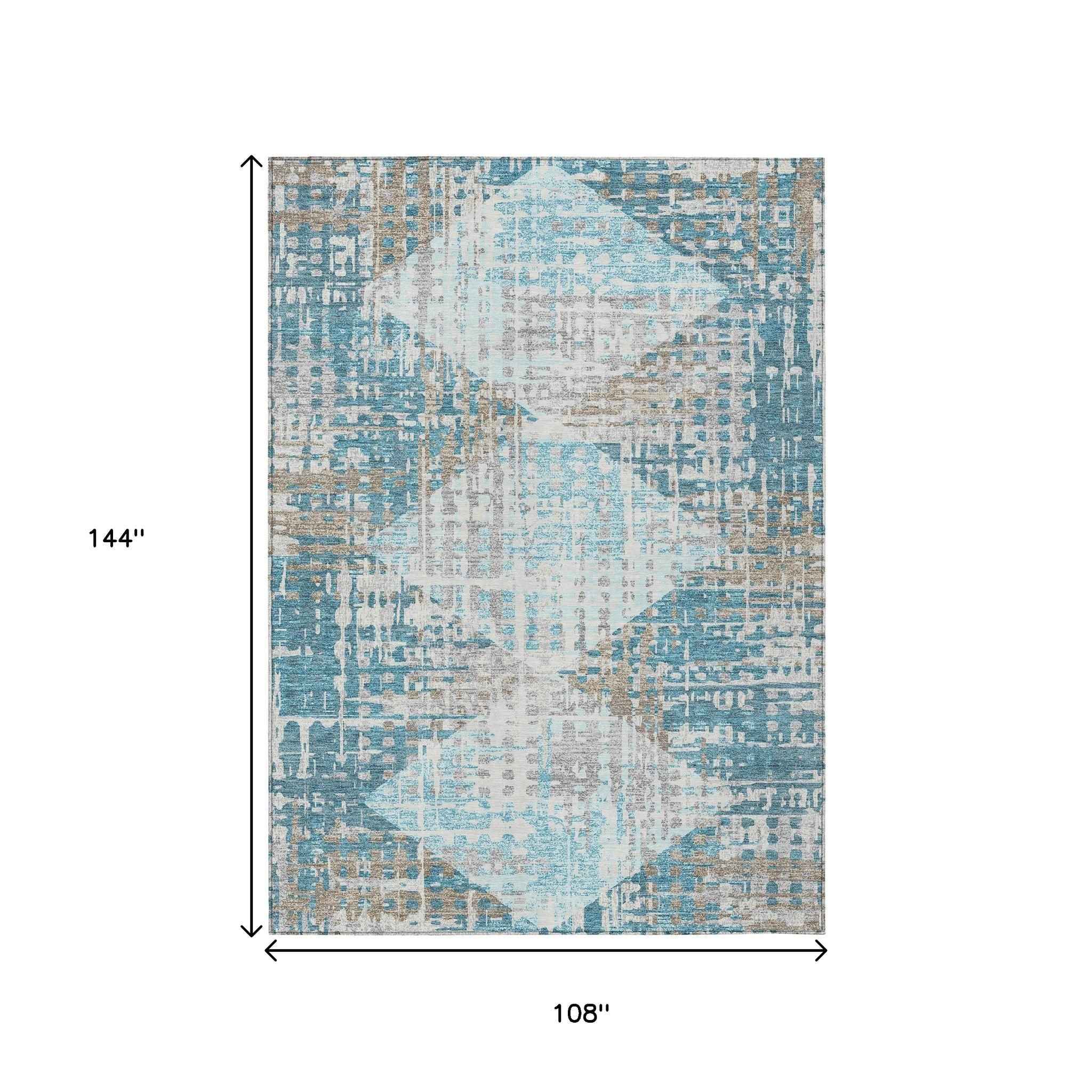 9' X 12' Teal Blue And Beige Geometric Washable Indoor Outdoor Area Rug