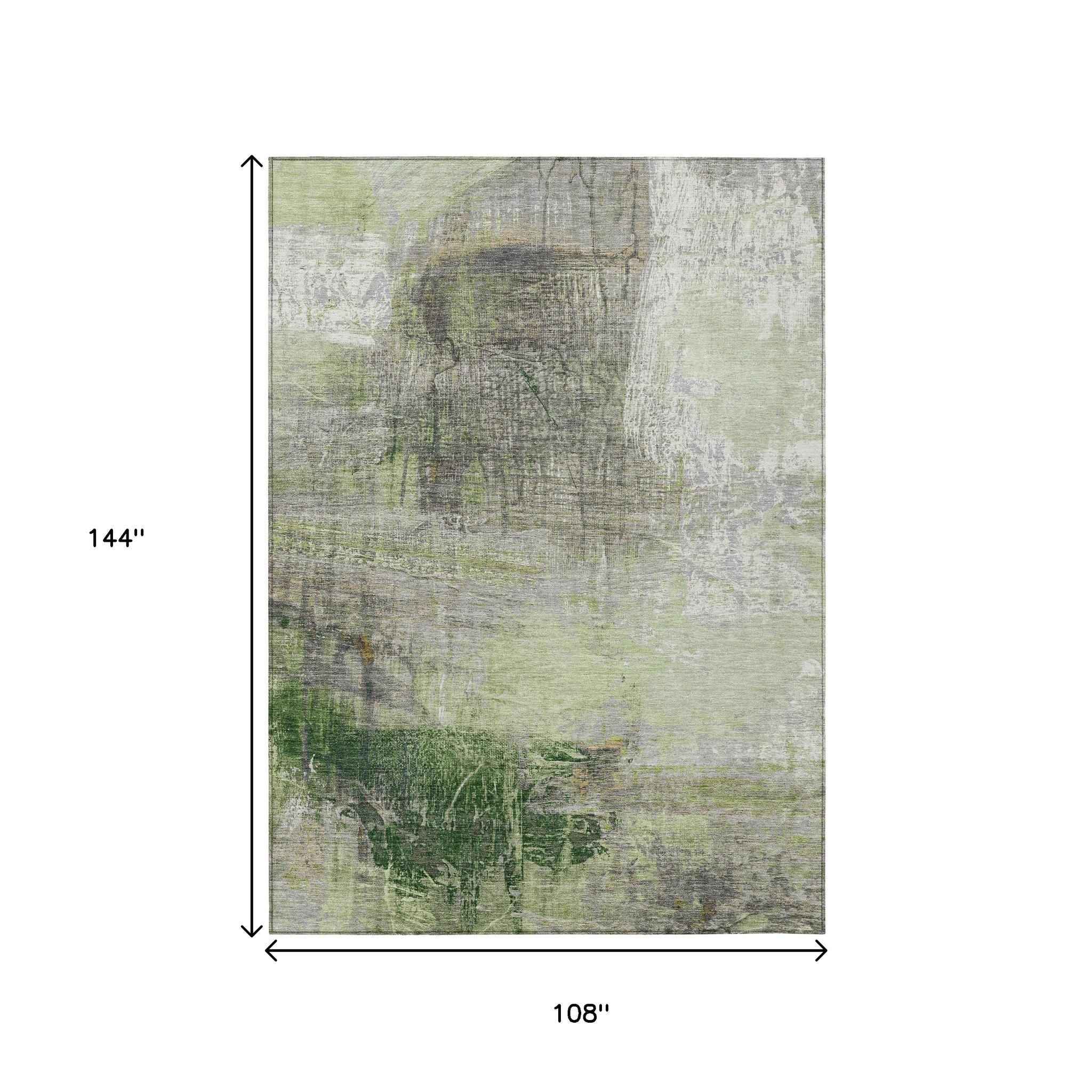 9' X 12' Artichoke Green And Ivory Abstract Washable Indoor Outdoor Area Rug