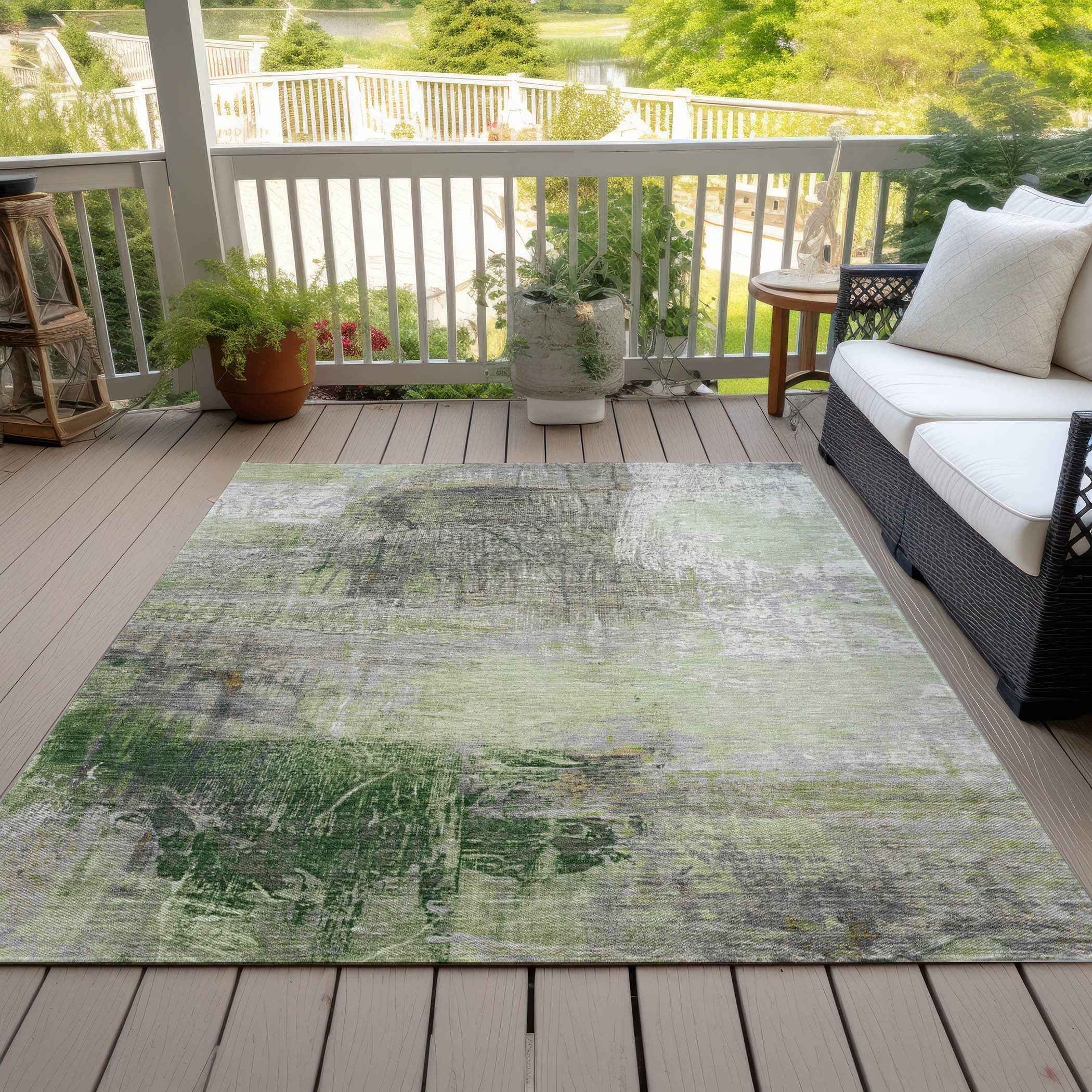9' X 12' Artichoke Green And Ivory Abstract Washable Indoor Outdoor Area Rug