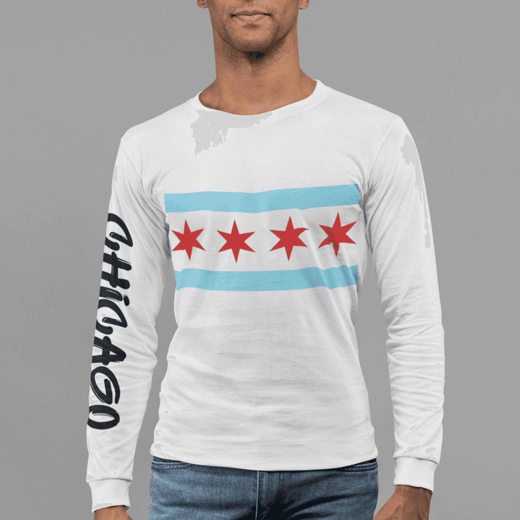 White long-sleeve crewneck with Chicago flag stripe and red star row; black vertical sleeve text