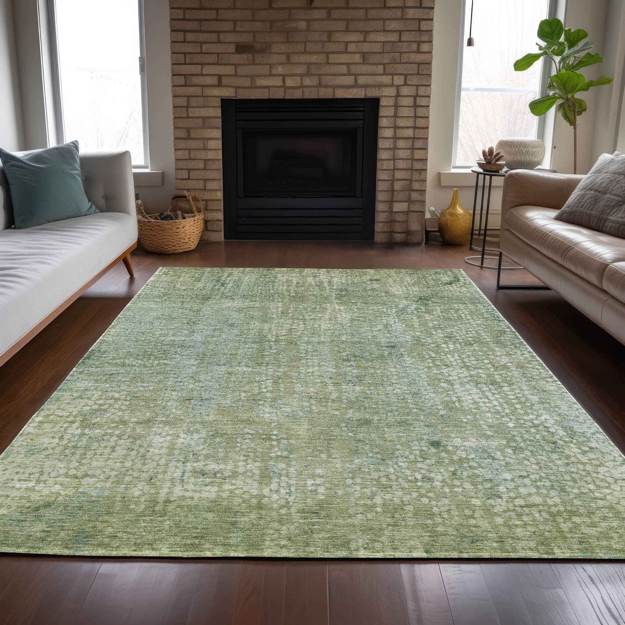 3' X 5' Green And Ivory Abstract Washable Indoor Outdoor Area Rug