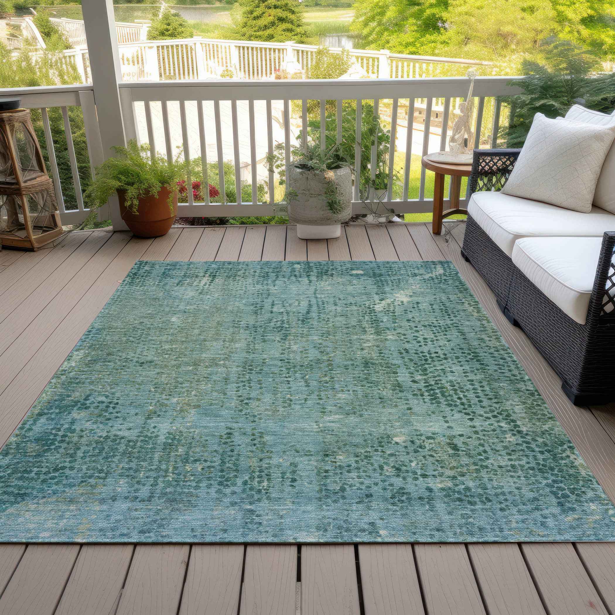 8' X 10' Teal Blue And Ivory Abstract Washable Indoor Outdoor Area Rug