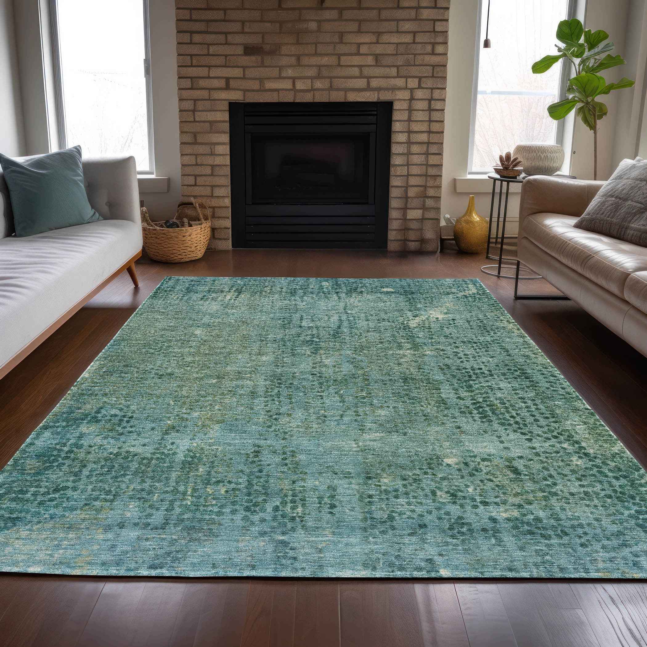 8' X 10' Teal Blue And Ivory Abstract Washable Indoor Outdoor Area Rug