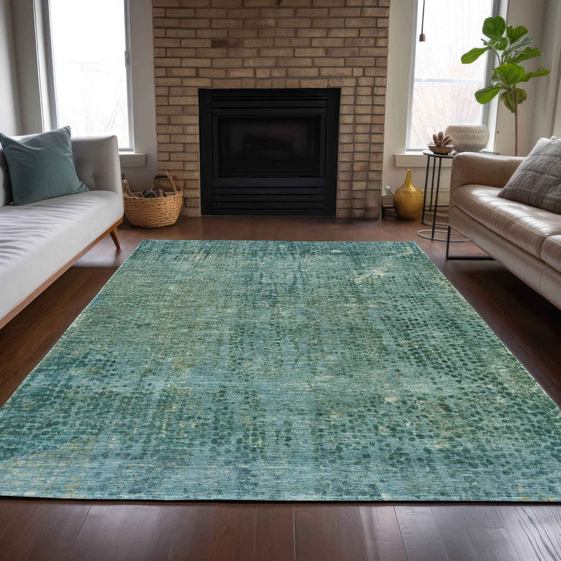 8' X 10' Teal Blue And Ivory Abstract Washable Indoor Outdoor Area Rug