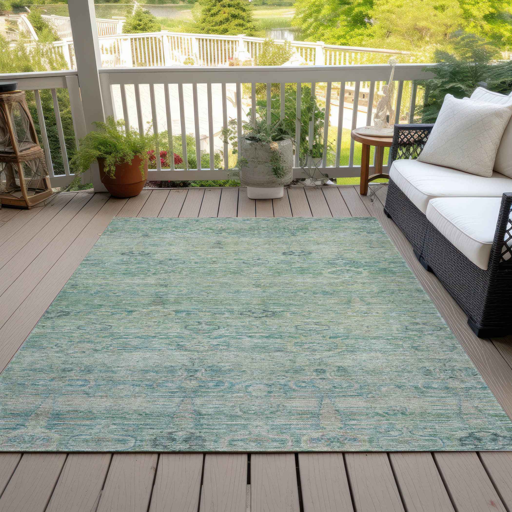 3' X 5' Teal Blue And Linen Oriental Washable Indoor Outdoor Area Rug