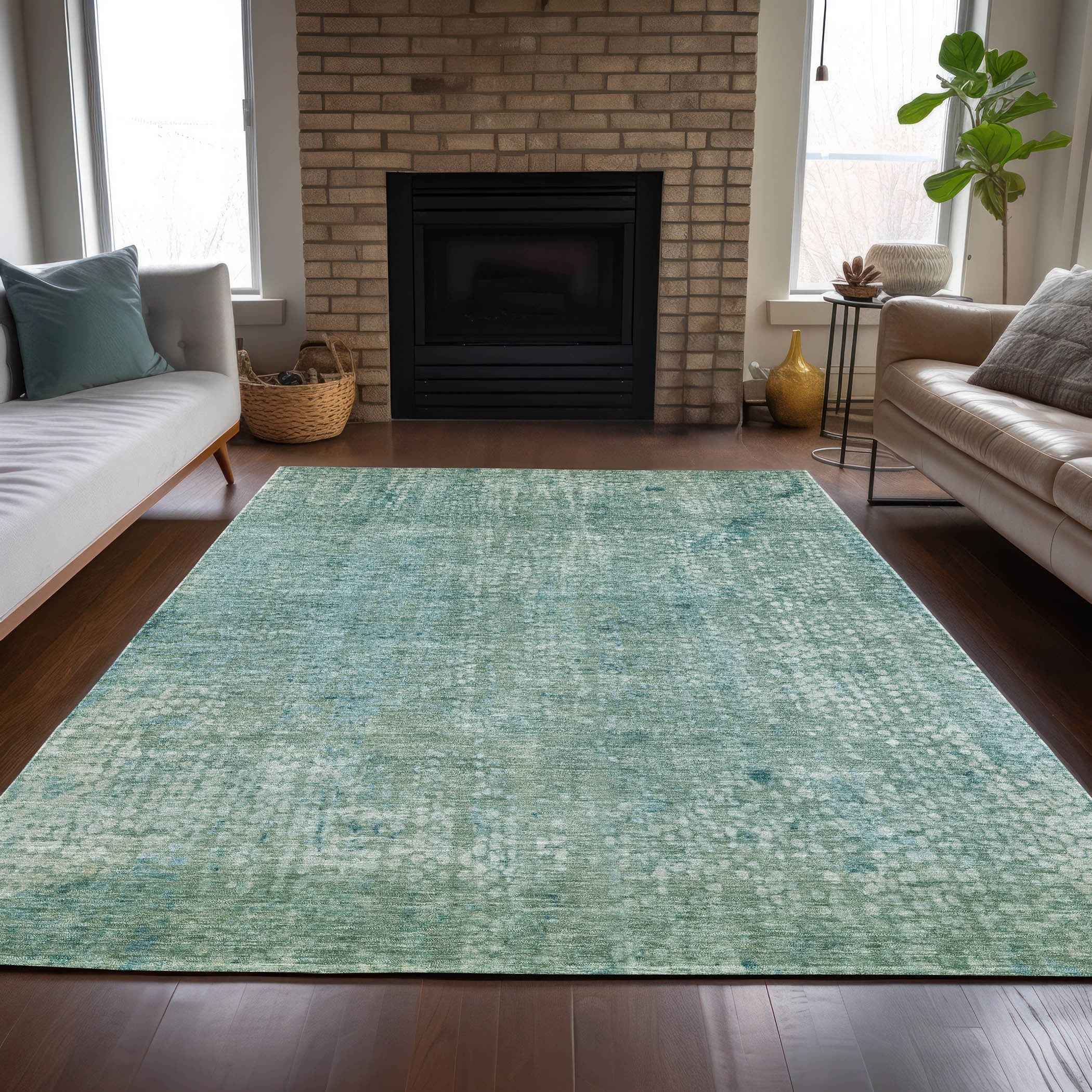 8' X 10' Teal Blue And Ivory Abstract Washable Indoor Outdoor Area Rug
