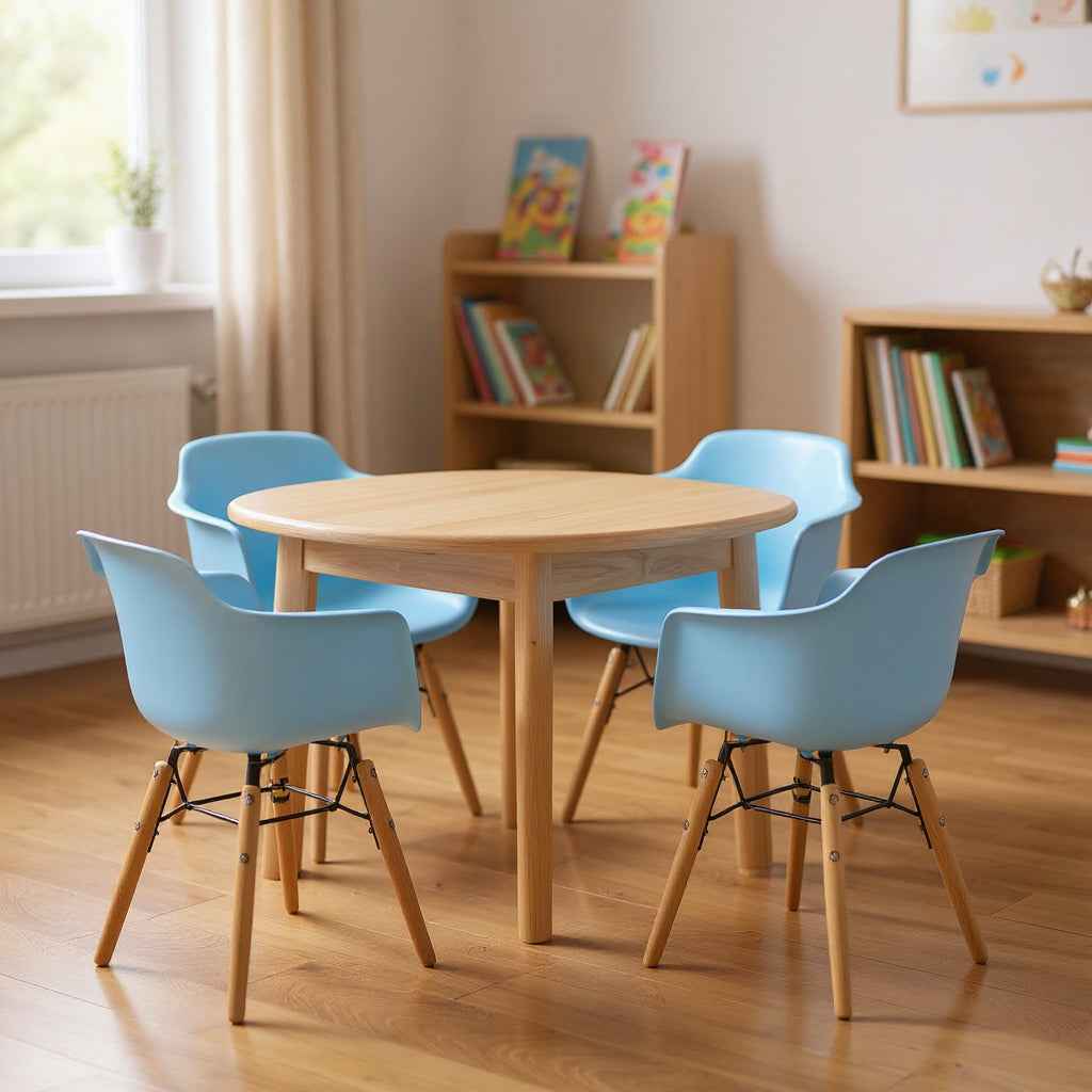 Set Of Four Blue And Brown Heavy Duty Plastic And Wood Juvenile Side Chairs