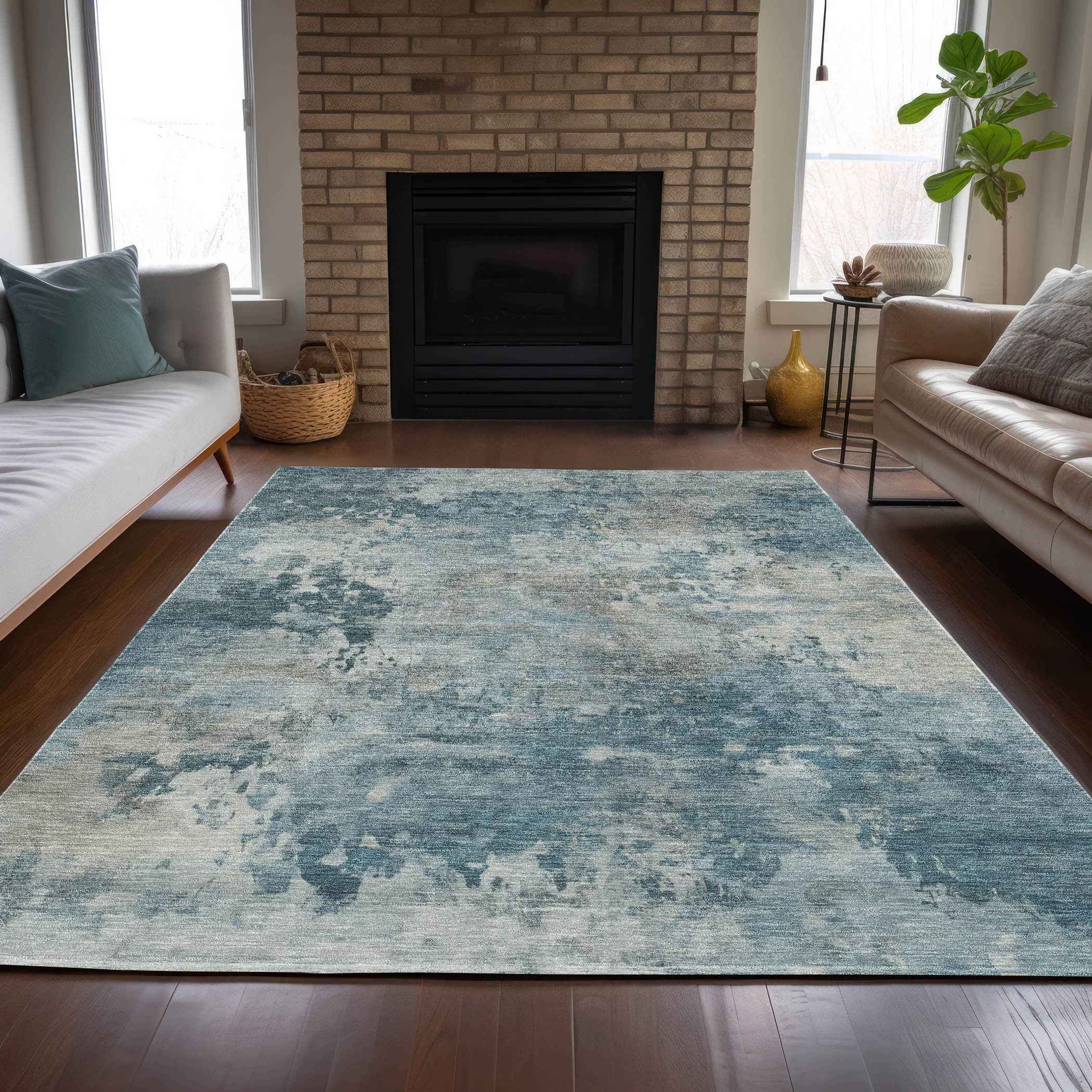 8' X 10' Teal Blue And Beige Abstract Washable Indoor Outdoor Area Rug