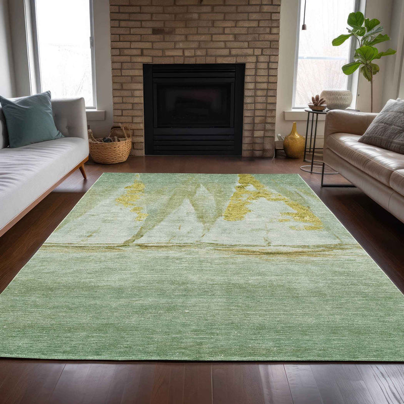 9' X 12' Green And Gold Nautical Washable Indoor Outdoor Area Rug
