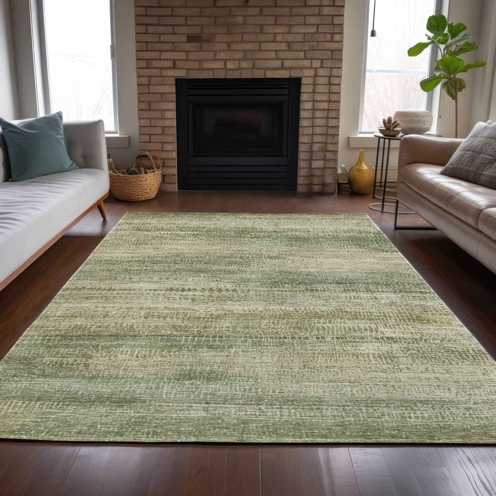 3' X 5' Artichoke Green And Beige Abstract Washable Indoor Outdoor Area Rug