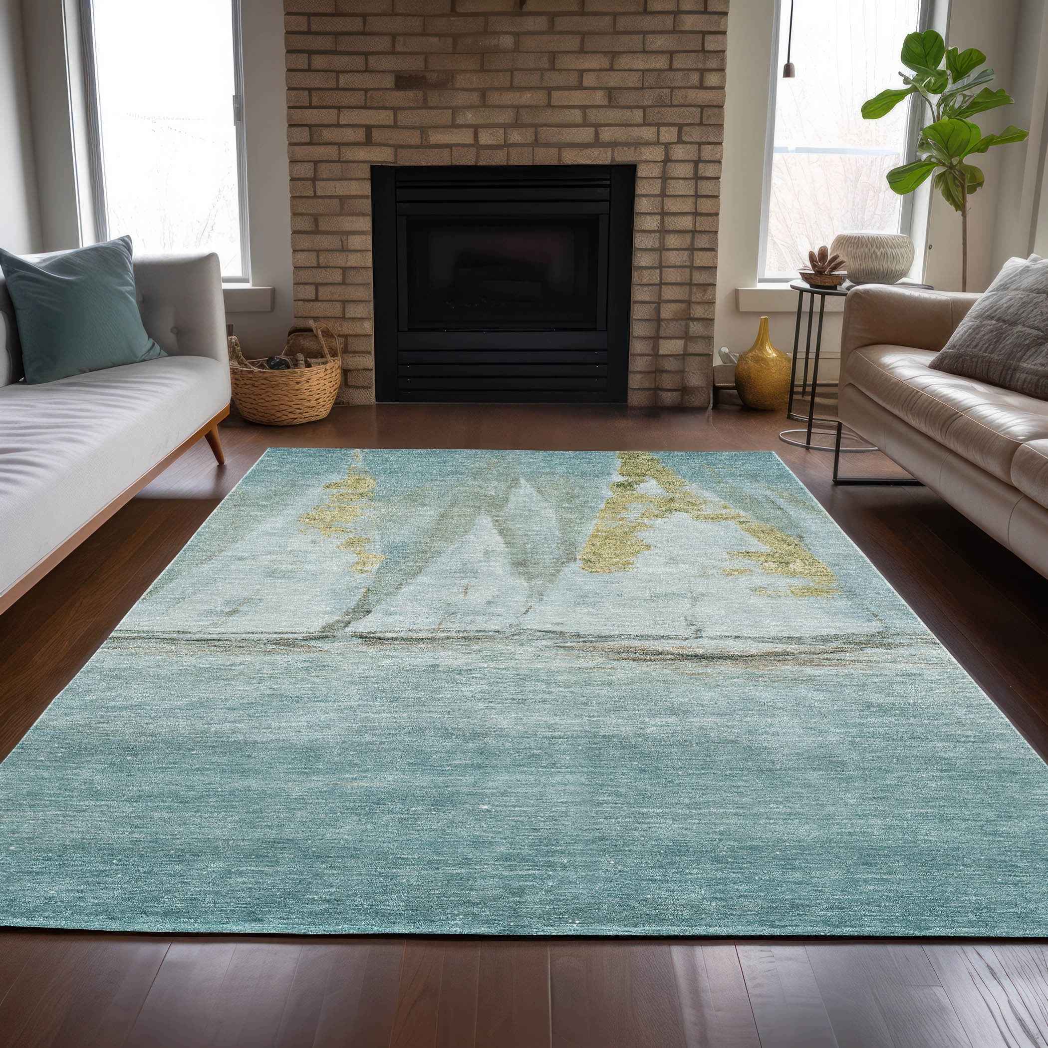 8' X 10' Teal Blue And Gold Nautical Washable Indoor Outdoor Area Rug