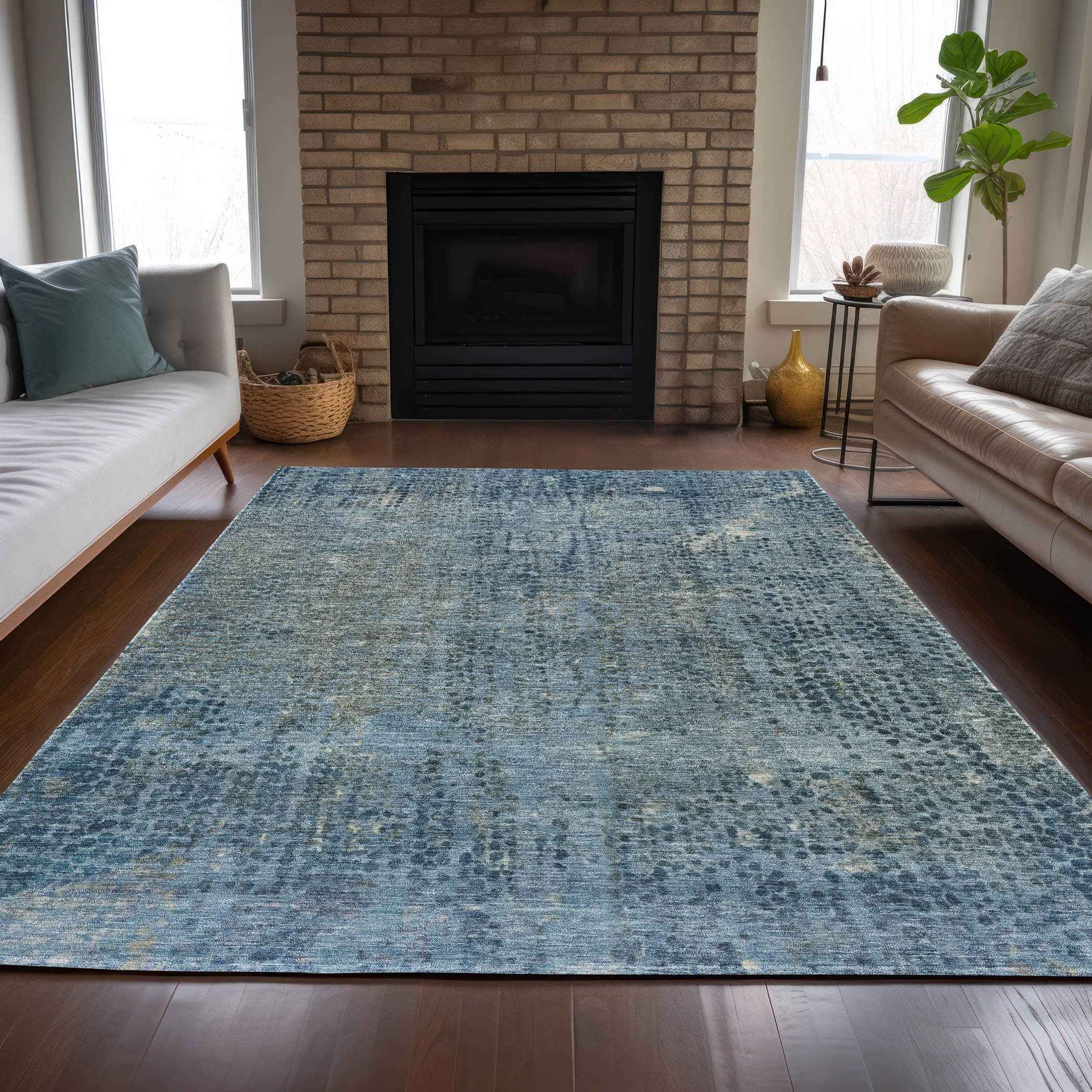 8' X 10' Blue And Ivory Abstract Washable Indoor Outdoor Area Rug