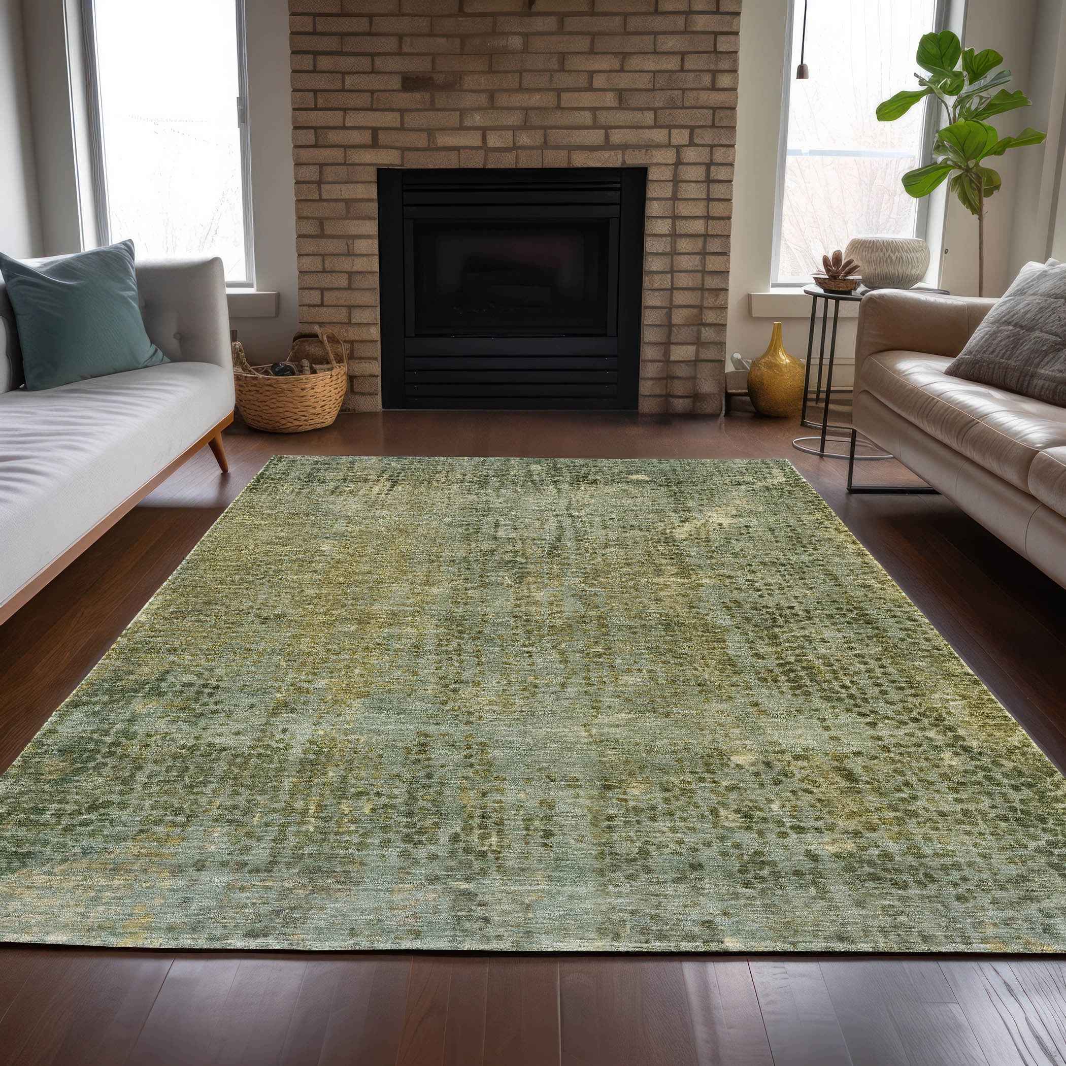 8' X 10' Green And Ivory Abstract Washable Indoor Outdoor Area Rug