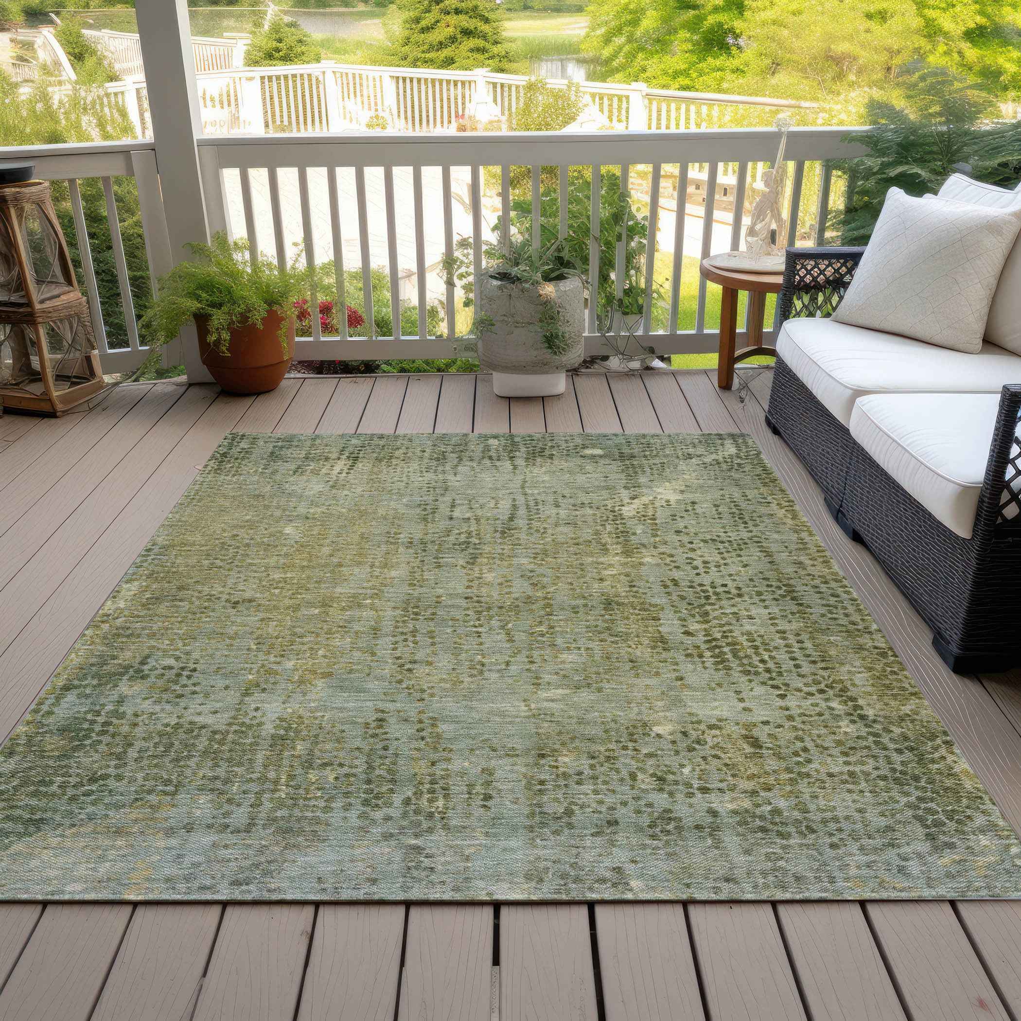8' X 10' Green And Ivory Abstract Washable Indoor Outdoor Area Rug