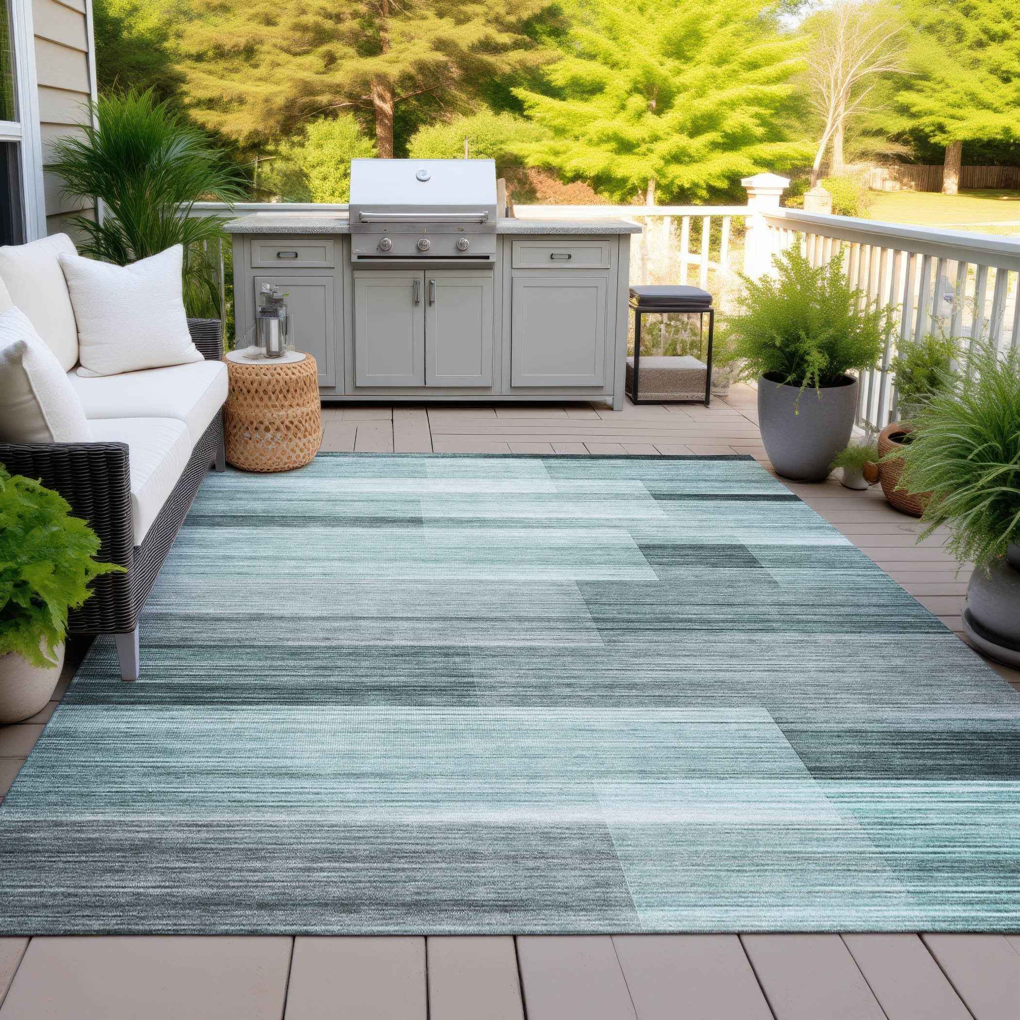 8' X 10' Teal Blue And Ivory Striped Washable Indoor Outdoor Area Rug