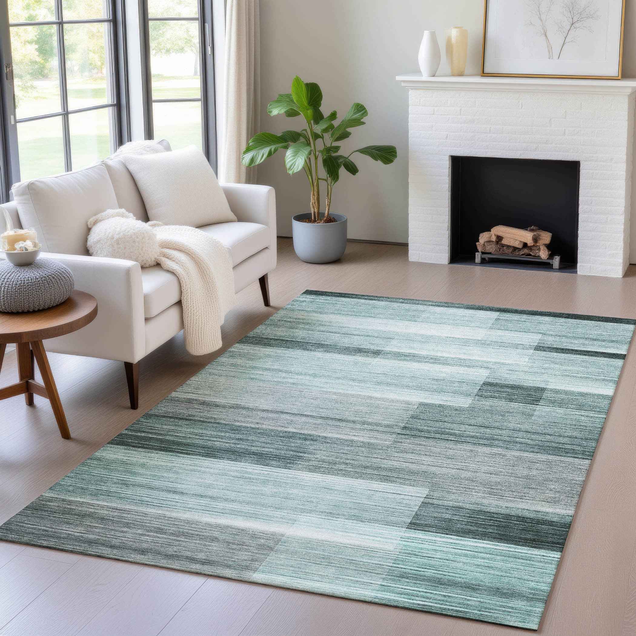 8' X 10' Teal Blue And Ivory Striped Washable Indoor Outdoor Area Rug