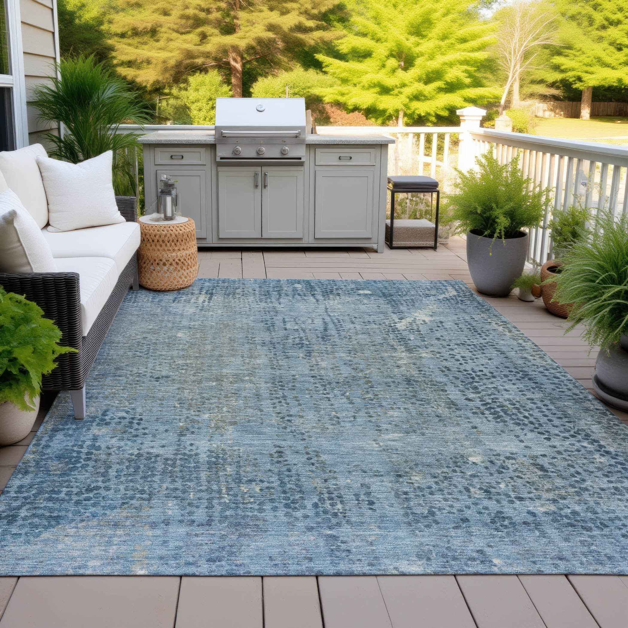 9' X 12' Blue And Ivory Abstract Washable Indoor Outdoor Area Rug