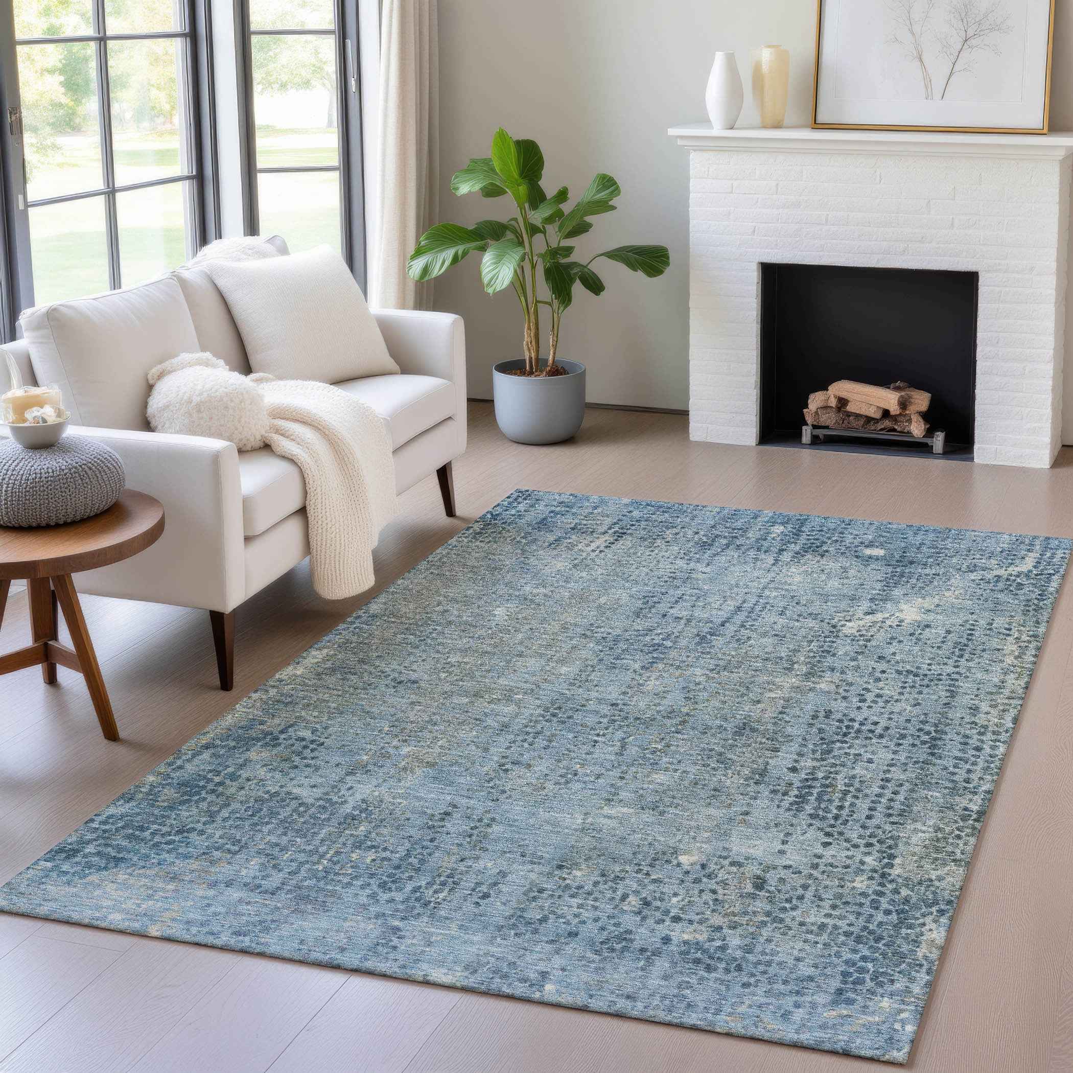 9' X 12' Blue And Ivory Abstract Washable Indoor Outdoor Area Rug