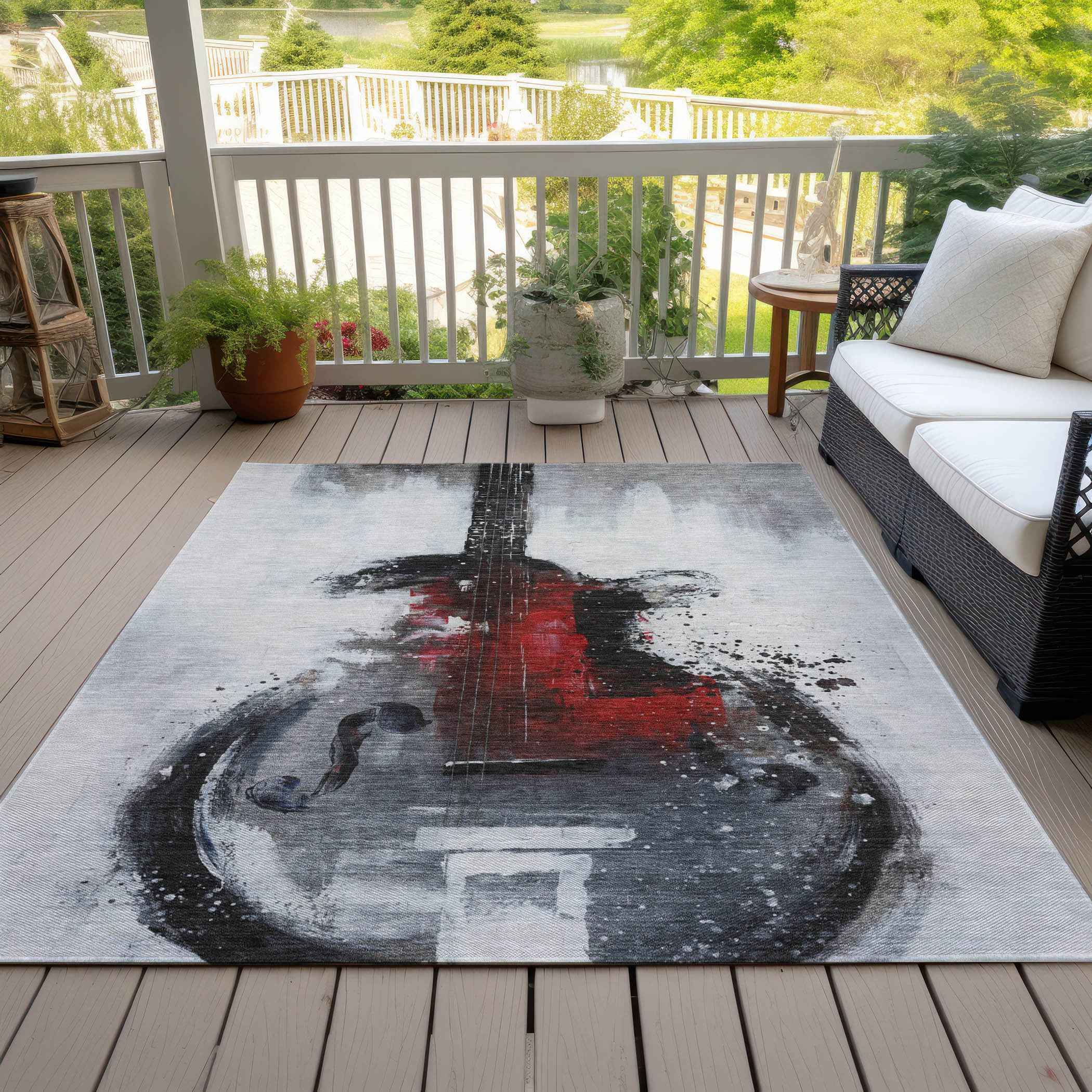 9' X 12' Gray Charcoal And Red Abstract Washable Indoor Outdoor Area Rug