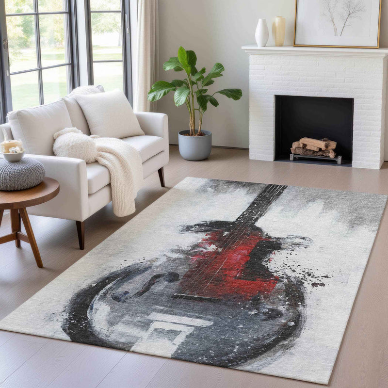 9' X 12' Gray Charcoal And Red Abstract Washable Indoor Outdoor Area Rug