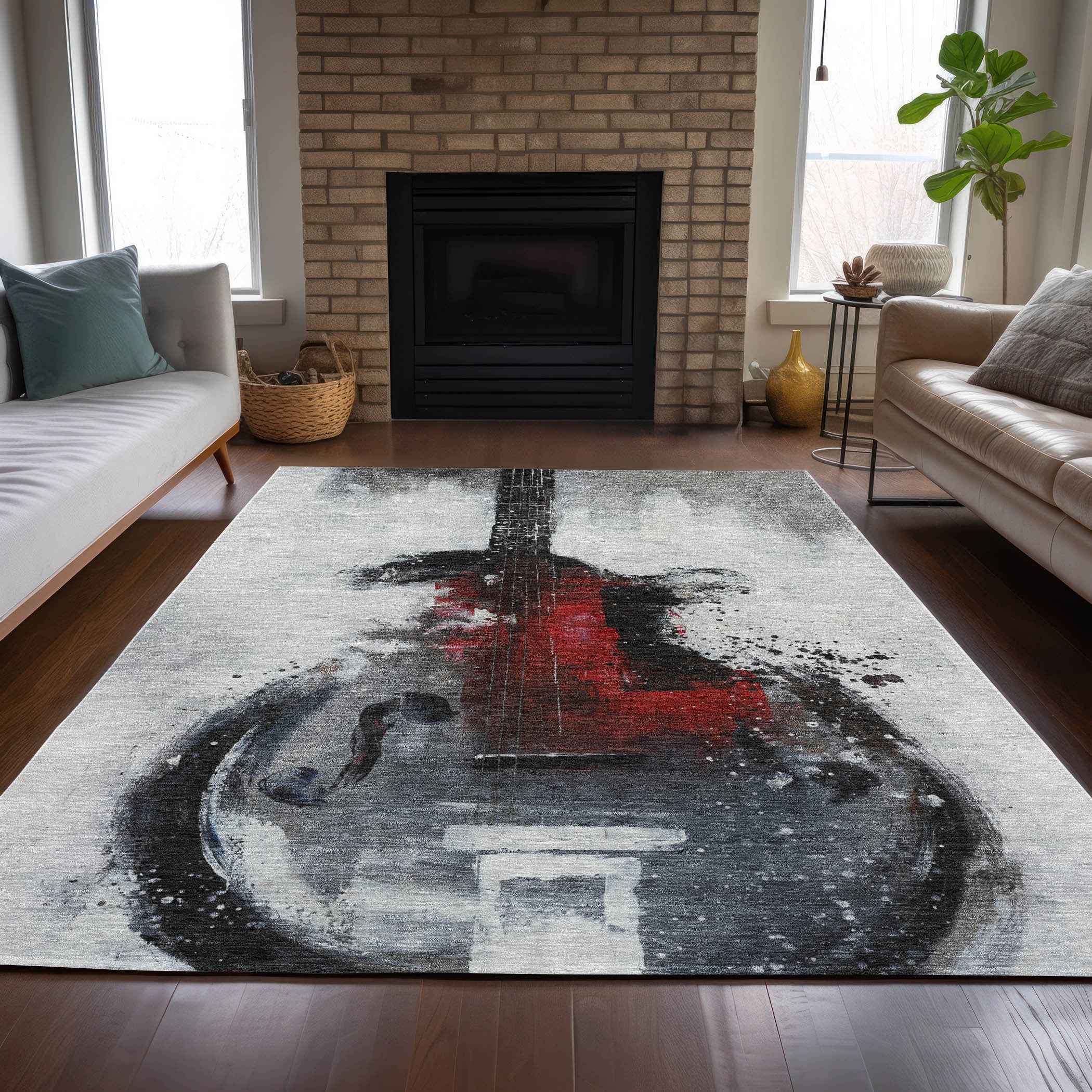 9' X 12' Gray Charcoal And Red Abstract Washable Indoor Outdoor Area Rug