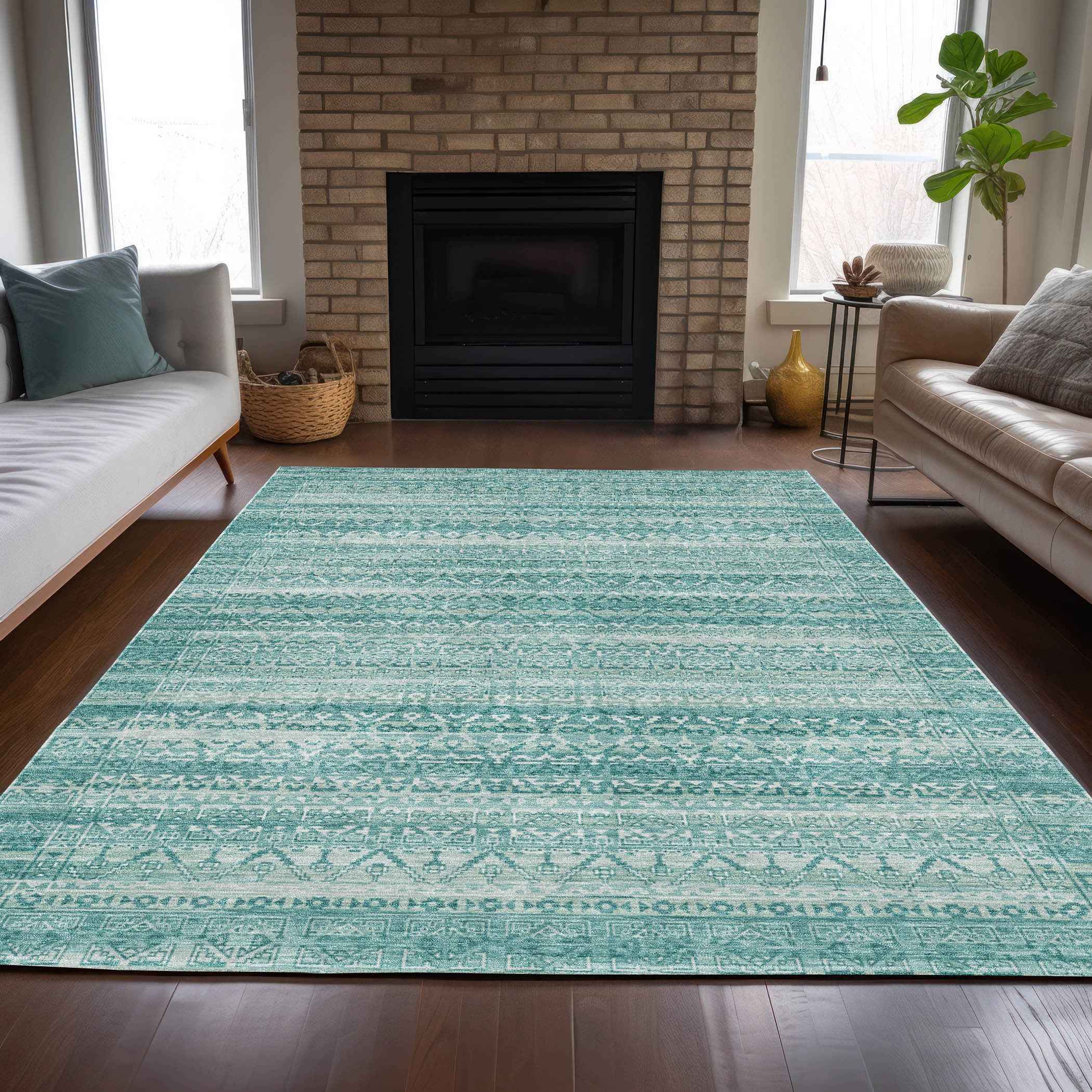 8' X 10' Aqua And Ivory Striped Washable Indoor Outdoor Area Rug