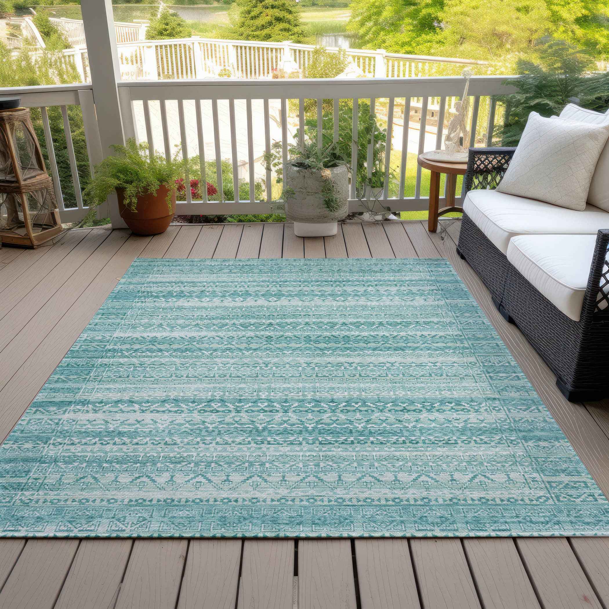 8' X 10' Aqua And Ivory Striped Washable Indoor Outdoor Area Rug