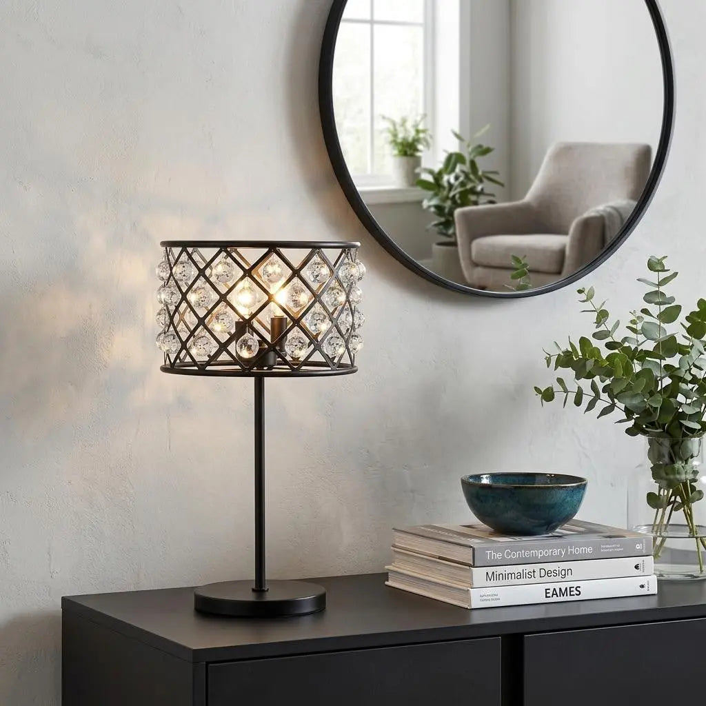 23" Antiqued Bronze Geometric Table Lamp With Drum Shade Homeroots Lighting