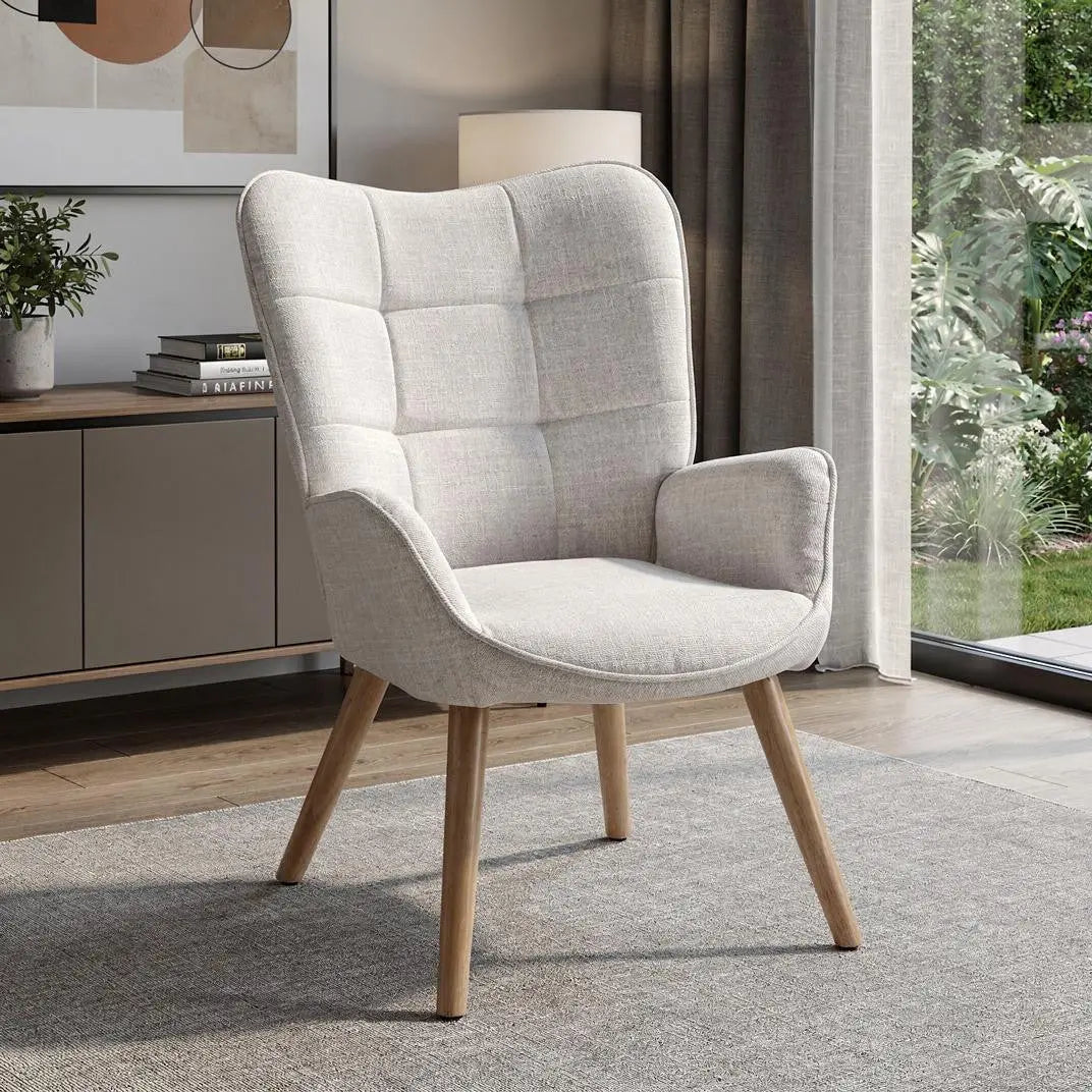 23" Beige and Natural Tufted Chenille and Solid Wood Wingback Chair Homeroots Living Room