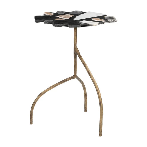 23" Black Brown White and Gold Terrazzo and Iron Free Form Pedestal End Table Homeroots Living Room