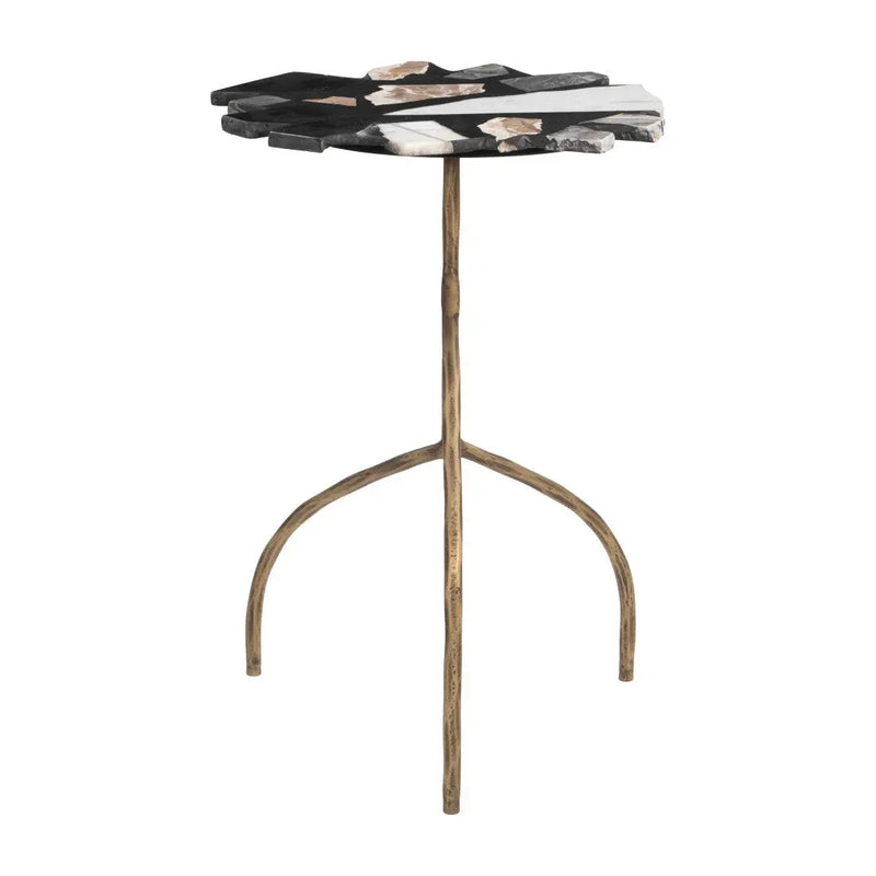 23" Black Brown White and Gold Terrazzo and Iron Free Form Pedestal End Table Homeroots Living Room