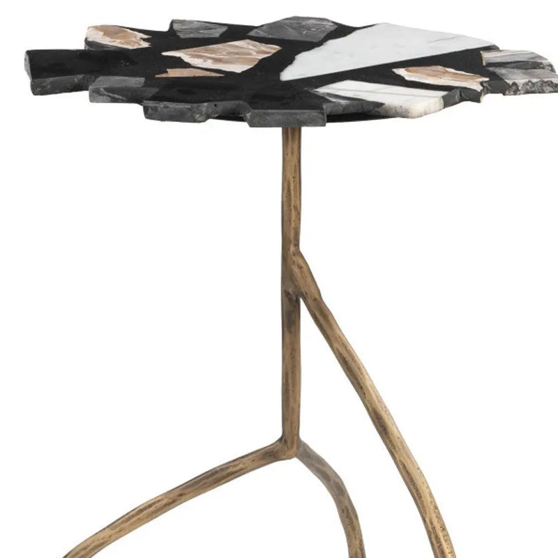 23" Black Brown White and Gold Terrazzo and Iron Free Form Pedestal End Table Homeroots Living Room