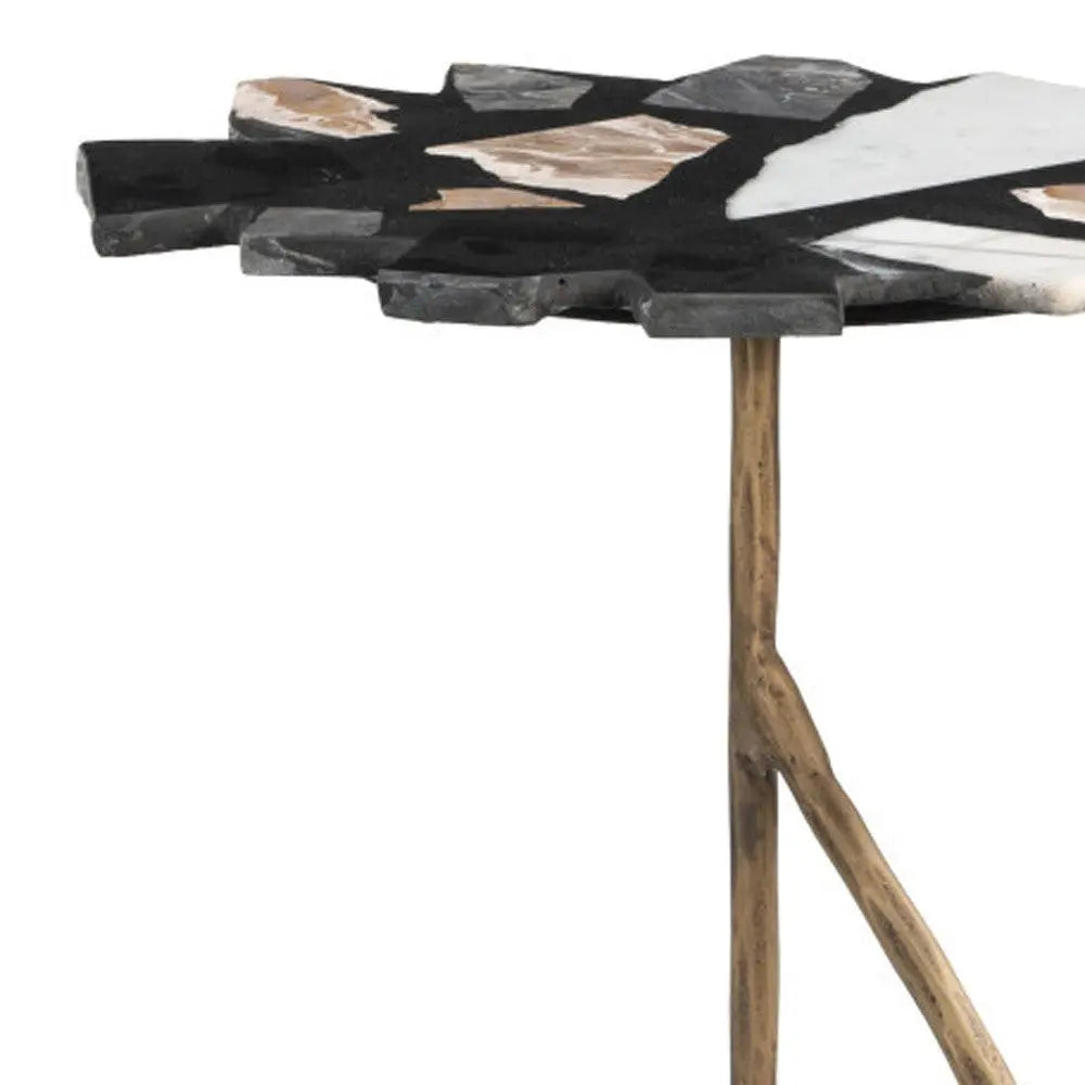 23" Black Brown White and Gold Terrazzo and Iron Free Form Pedestal End Table Homeroots Living Room