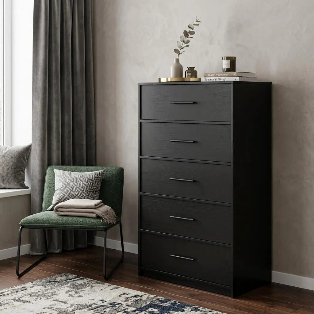 23" Black Fabric Wood and Steel Five Drawer Lingerie Chest Dresser Homeroots Bed & Bath