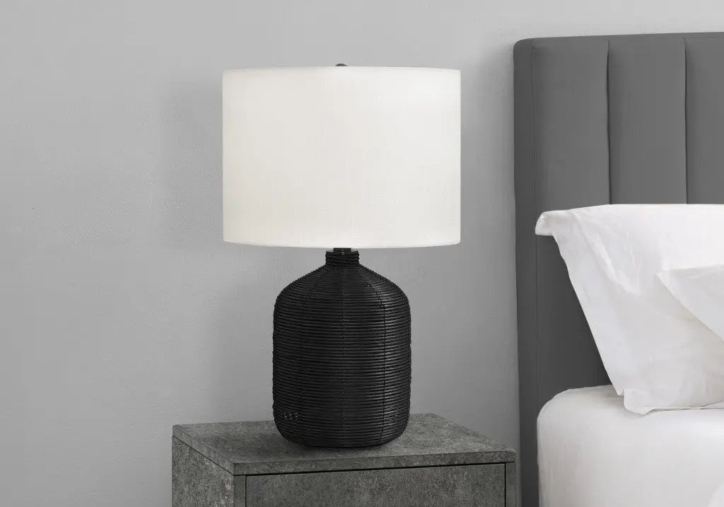 23" Black Rattan Round Table Lamp With Ivory Drum Shade Homeroots Lighting