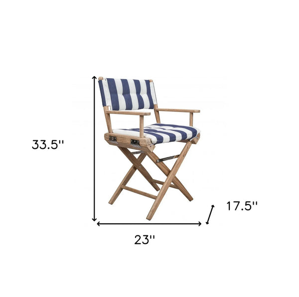 23" Blue and White and Natural Wood Solid Wood Indoor Outdoor Director Chair with Blue and White Cushion Homeroots Outdoor