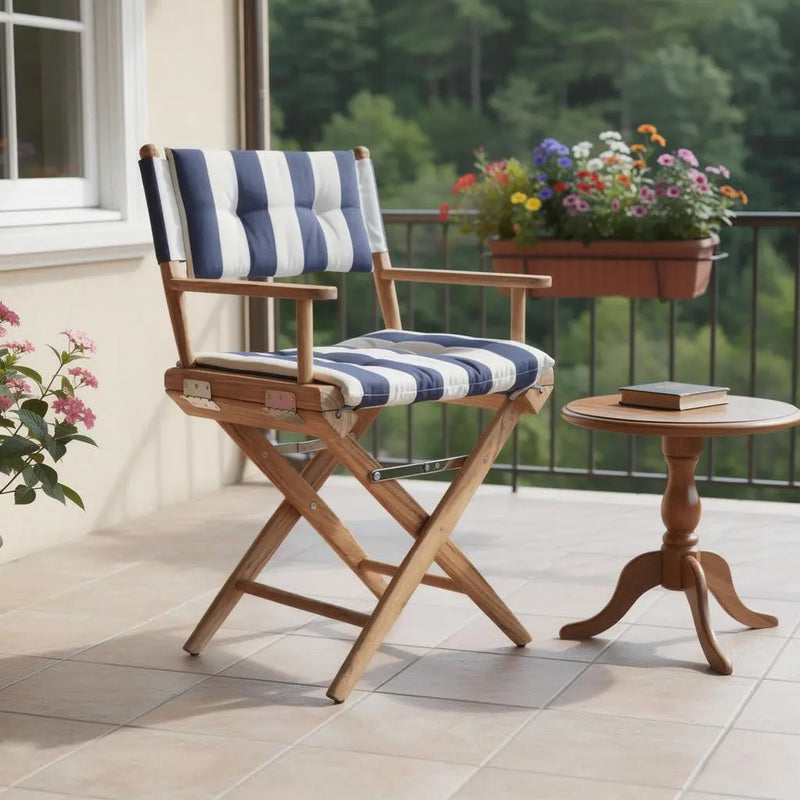 23" Blue and White and Natural Wood Solid Wood Indoor Outdoor Director Chair with Blue and White Cushion Homeroots Outdoor
