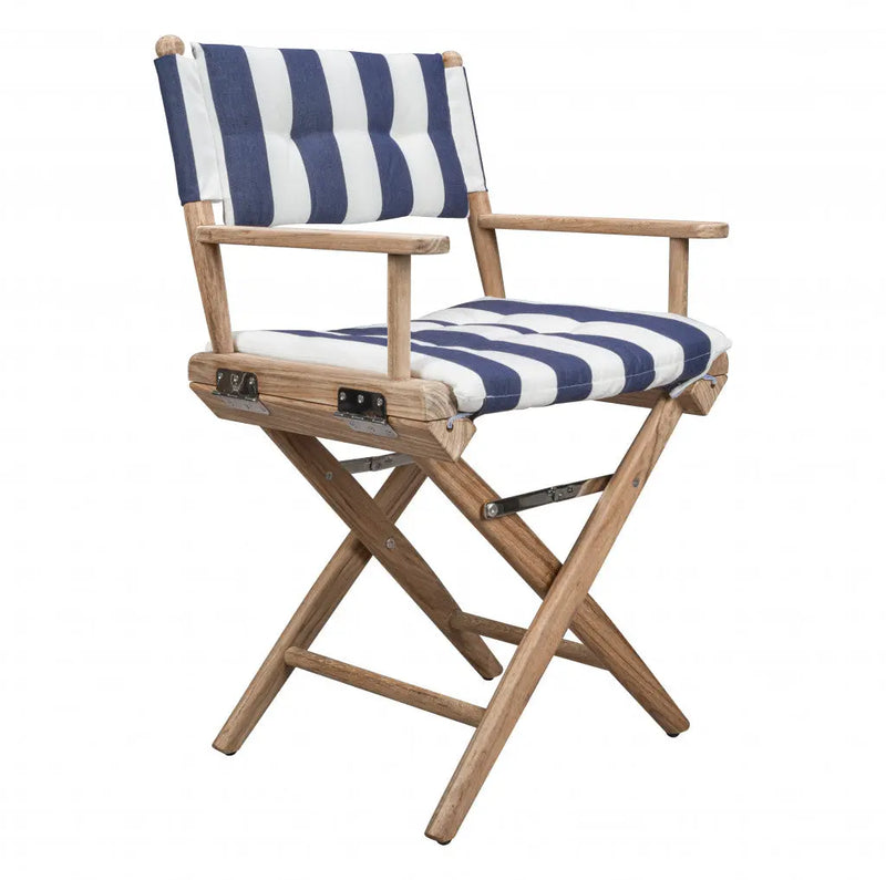23" Blue and White and Natural Wood Solid Wood Indoor Outdoor Director Chair with Blue and White Cushion Homeroots Outdoor