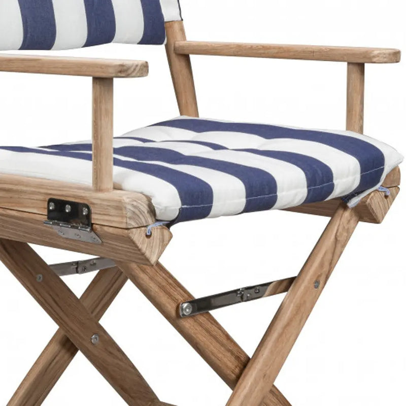 23" Blue and White and Natural Wood Solid Wood Indoor Outdoor Director Chair with Blue and White Cushion Homeroots Outdoor