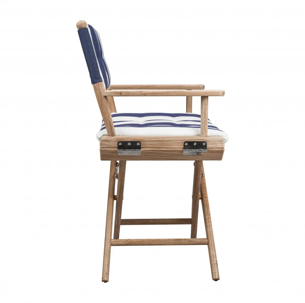 23" Blue and White and Natural Wood Solid Wood Indoor Outdoor Director Chair with Blue and White Cushion Homeroots Outdoor