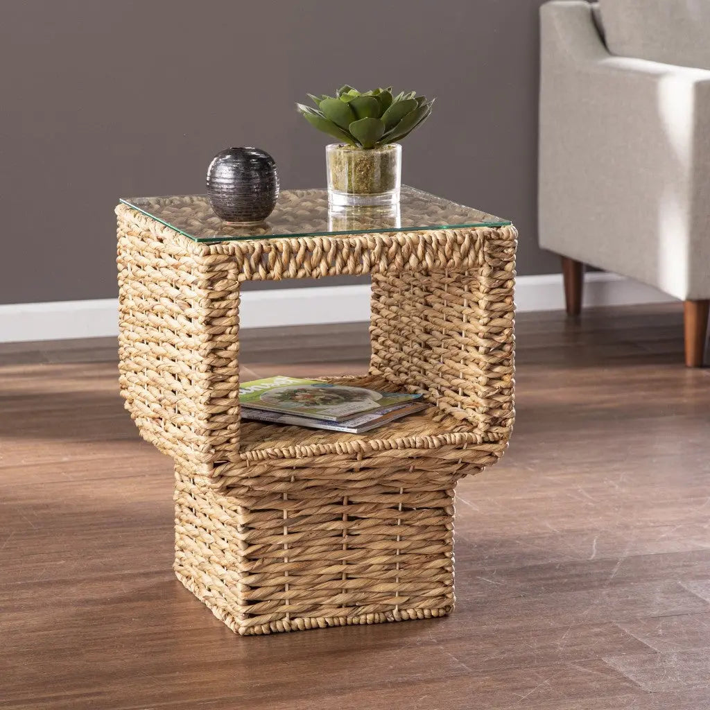 23" Brown And Clear Glass And Rattan Wicker Square End Table Homeroots Living Room