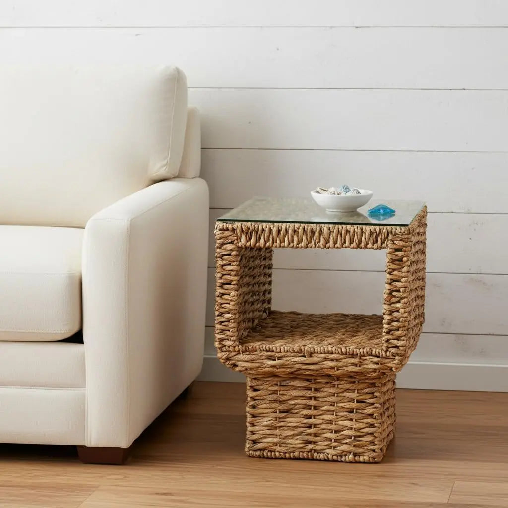 23" Brown And Clear Glass And Rattan Wicker Square End Table Homeroots Living Room