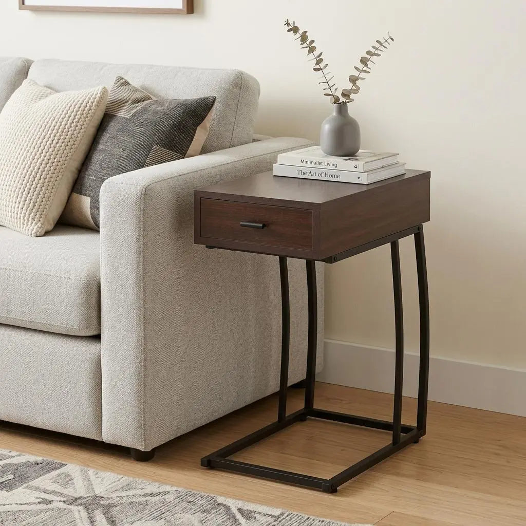 23" Brown Manufactured Wood And Iron Rectangular End Table With Drawer Homeroots Living Room