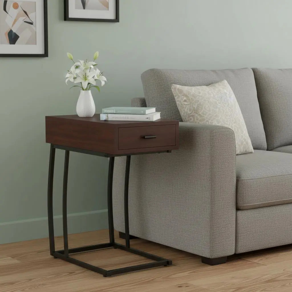 23" Brown Manufactured Wood And Iron Rectangular End Table With Drawer Homeroots Living Room