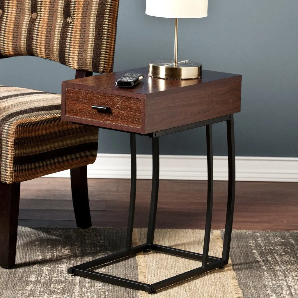 23" Brown Manufactured Wood And Iron Rectangular End Table With Drawer Homeroots Living Room